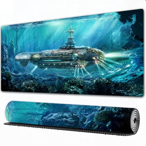 FEHWI Grand Tapis de Souris de Jeu avec Bords surpiqués et Dos antidérapant,sous-Main pour Clavier et Souris,Décor Fantastique, Science-Fiction, sous-Marin, Guerre sous-Marine, Futur,90×40 cm