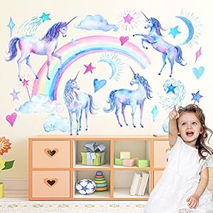 2 Vellen Eenhoorn Muurstickers Decor Voor Meisjeskamer, Eenhoorn Muur Regenboog Sticker Decor Voor Babykamer Kinderkamer…