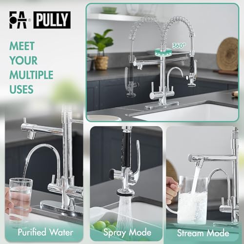 Image of Fapully 3 in 1 Kitchen Faucet with and Pull Down Sprayer, Chrome | Water Filler Faucet, Commercial Kitchen Sink Faucet with Drinking Water Faucet for 1 or 3 Holes Sink