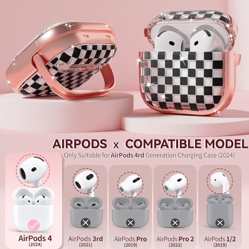 Image of Inesore for AirPods 4 Case Cover 2024 with Lock-Black Checkerboard | Two-Piece Design,with Gold Keychain & Cleaning Pen,Support Wireless Charging,Cute Luxury Case for Women Girly