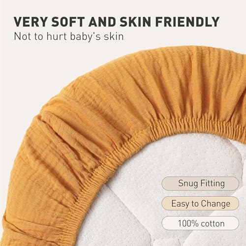 Image of Muslin Bassinet Fitted Sheets 2 Pack, Soft Breathable Cotton Baby Bassinet Mattress Sheet Set, 360 Elastic Snug Fit, Universal for Oval, Rectangle (Elegant Colors, Bassinet Sheets 2 Pack)
