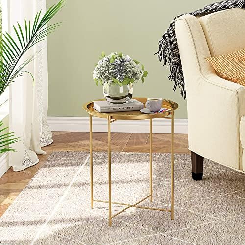 HOME BI Round End Table, Tray Metal End Table, 17.7 Inch Bedside Table, Indoor Modern Sofa Side Table, Outdoor Snack Table, Metal Tabletop with Sturdy Metal Frame, Gold