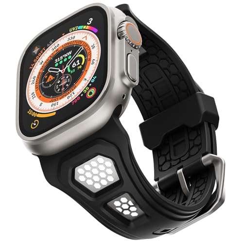 ULTIMAL ACTIVE Compatible with Apple Watch Straps 49mm 46mm 45mm 44mm 42mm,Rugged TPE Band,Stainless Steel Hollow Out Design for iWatch Strap Series Ultra/10/9/8/7/6/5/4/3/2/1/SE Black