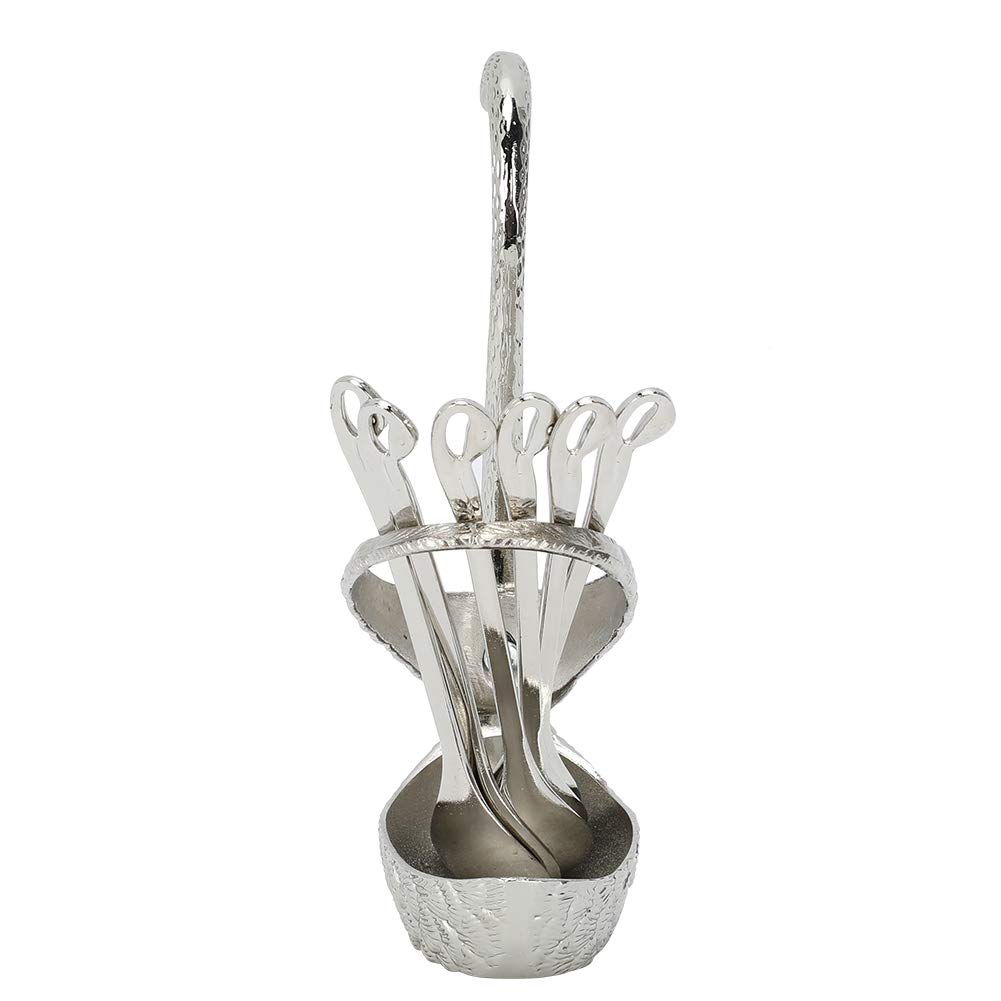 Decorative Swan Base Holder with 5 Spoon, Coffee Dessert Fruit Spoon Cutlery Set with Swan Feather Holder, Decoration Household Tableware Dinnerware Set(Silver)