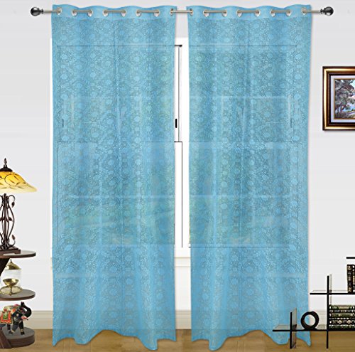 Image of Dekor World Blue Cotton Net Curtain Set (Pack of 2)-110x225cm (4x7Feet) Door Curtain