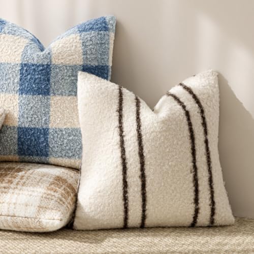 Image of Foindtower Pack of 2 Soft Faux Fur Boucle Throw Decorative Pillow Covers Fuzzy Accent Striped Cushion Sherpa Boho Farmhouse Pillowcase for Couch Sofa Bed Living Room Home Decor 20x20 Inch,Ivory