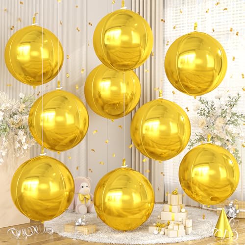 Image of 9 Pcs Gold Round Foil Balloons,22 Inch Metallic Gold Round Balloons | Gold Giant 4D Round Ball Balloons For Wedding Graduation Anniversary Birthday New Year Disco Party Decorations