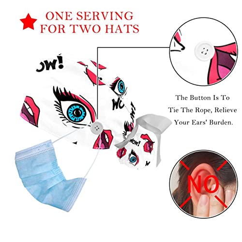 Image of 2 Pcs Working Cap with Button Sweatband Adjustable Bouffant Scrub Caps Funny Eyes Lips Pattern Working Head Cover for Women