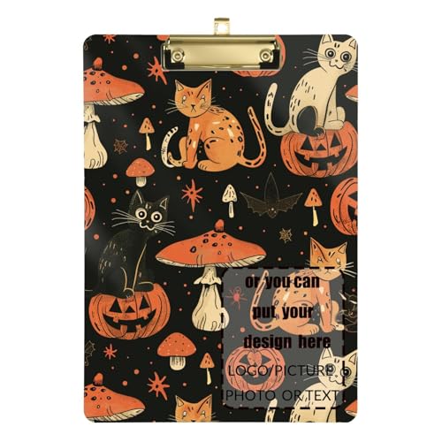 Halloween gatos, calabazas, hongos, líneas atrevidas, portapapeles personalizables, para mujer, impermeable, para conductor de camión de fútbol, tamaño 9 x 12 pulgadas