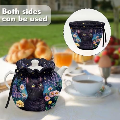 Image of Xoenoiee Black Cat Whimsical Night Garden Print Tea Cozy Tea Pot Cover Insulation Tea Cosy Teapot Dust Cover Teapot Warmer for Home Kitchen Teapot Covers