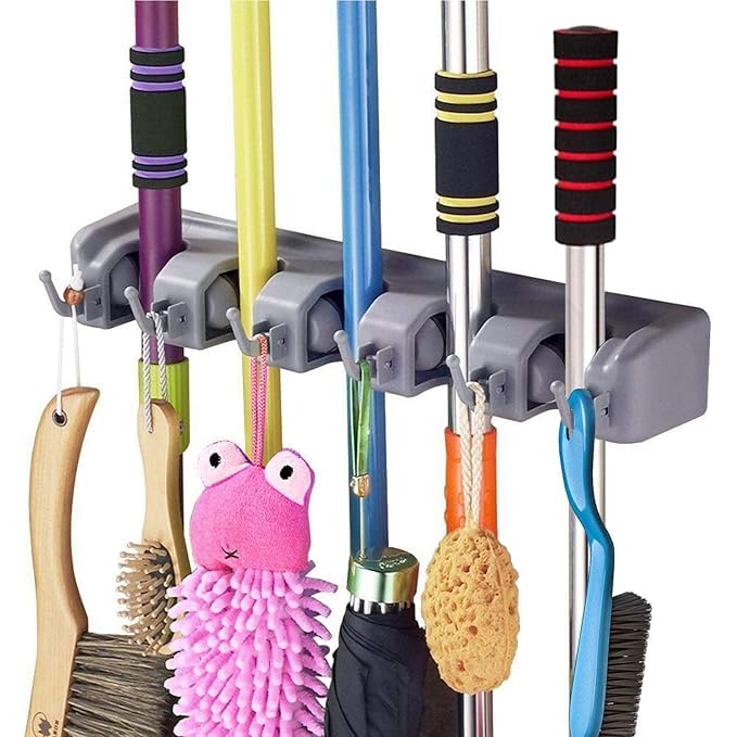 Broom Organizer Non-Slip Mop Holder Wall Mount with 5 Position and 6 Hooks,Storage Solutions for Broom Holders, Broom Organizer for Garage Shelving-image-44