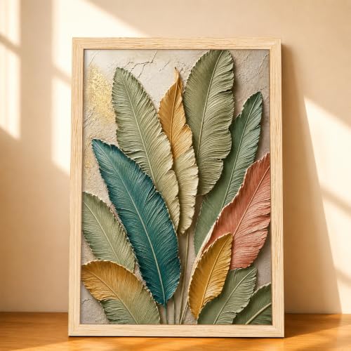 Image of PAINTINGMANTRA Textured Embossed Leaf Framed Wall Art Painting for Wall Decoration, Multi-Color Feather & Leaf Motifs Poster with frame for Living room, bedroom, Home and office, 10x13 Inch