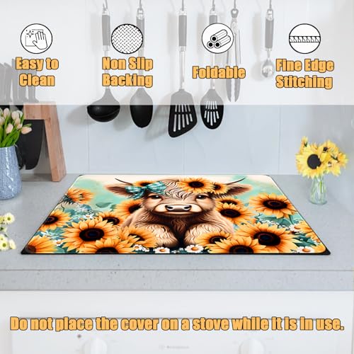 Image of Sunflower Stove Top Cover for Electric Stove, Highland Cow Stove Cover, Spring Flower Range Cover, Glass Cooktop Covers 28x20 inch, Spring Summer Cooktop Cover for Kitchen Holiday Home Decor
