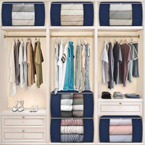 Image of Fab totes 24 Gallons Clothes Storage, Foldable Thick Fabric Blanket Storage Bags,Containers for Organizing Bedroom, Closet, Clothing, Comforter,Organization with Handle (8 Pack,Blue)