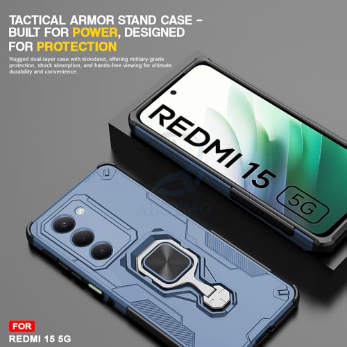 Image of AESTMO Armor Back Cover for Redmi 15 5G | Ring Holder & Kickstand & Camera Protection in-Built | 360 Degree Protection Back Case Cover (Blue)
