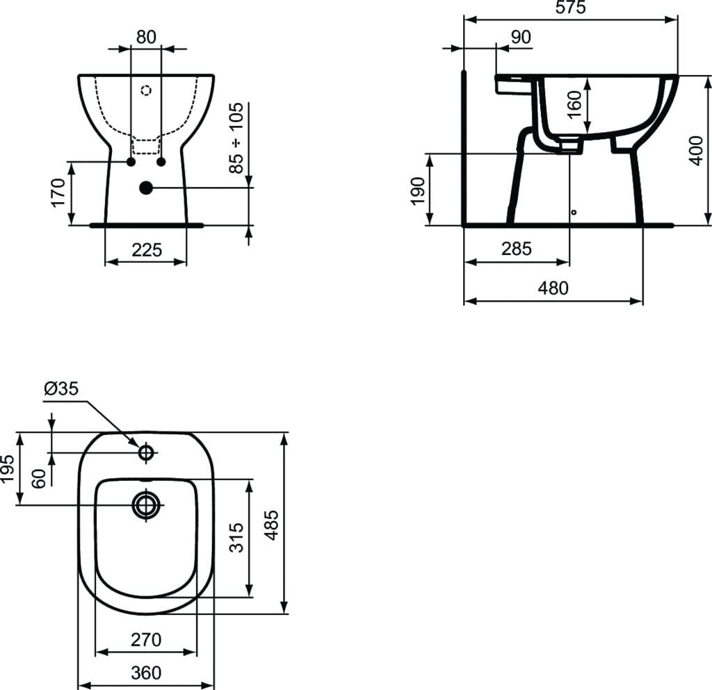 Ideal Standard - i.Life A, Bidet au sol monotrou pour robinetterie, Avec trou de trop-plein, Blanc