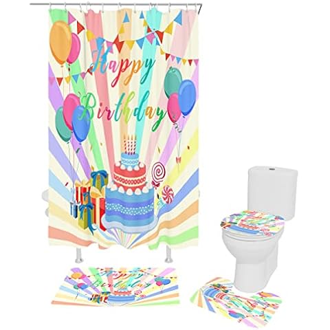 Chic D Happy Birthday Theme 4 PCS Shower Curtain Sets with Rugs Bathroom Fabric Shower Curtain(12 Hooks) with Non-Slip Bath Mat Sets 3 Piece(Toilet Lid Cover+U-Shaped Mats+Bath Rug) 72x72inch Cover