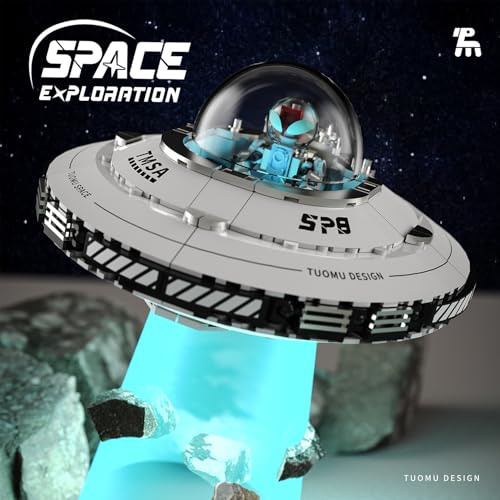 HUNKING UFO Spaceship Building Block Set, Creative UFO&Alien Building Set, Space Exploration Spaceship Brick, Dual LED Lights and Transparent Base, Model for UFO Lover Collection,Gifts for Ages 8+ by HUNKING - Used condition - Image 2