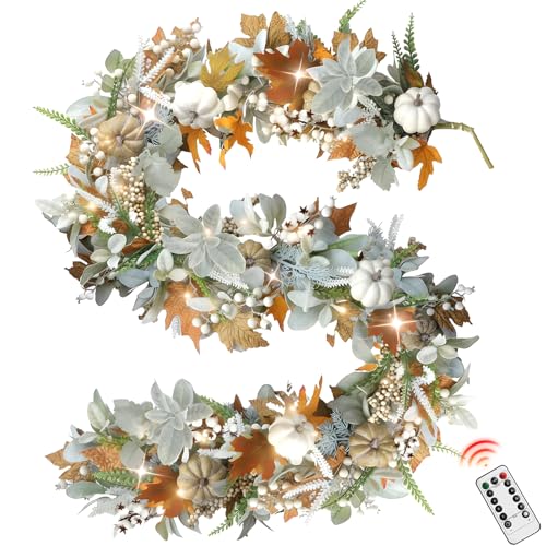 Image of Fall Mantel Garland Decor for Home - 6 Ft Autumn Leaves Table Garlands with Lights Decorations for Thanksgiving and Halloween Leaf Centerpieces for Bedroom Tables Stair Porch Outdoor Farmhouse