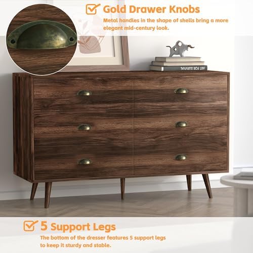 Amazon.com: JOZZBY 6 Drawer Dresser for Bedroom Walnut Wood Dressers with Golden Handles Mid Century Modern Dresser for Bedroom Hallway Entryway : Home & Kitchen Amazon.com: JOZZBY 6 Drawer Dresser for Bedroom Walnut Wood Dressers with Golden Handles Mid Century Modern Dresser for Bedroom Hallway Entryway : Home & Kitchen