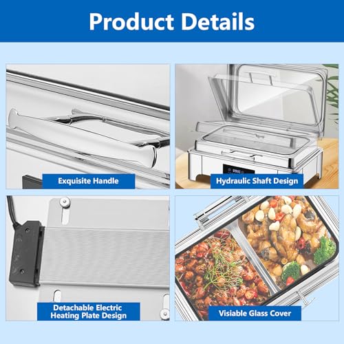 VFDZ Chafing Dish Elektrisch 9L, Catering Warmhaltebehälter Smart-Temperaturanpassung, Rechteckiger Chafing Dish Set Speisenwärmer mit Sichtbarem Glasdeckel (B, 1/3 PAN) – Bild 5