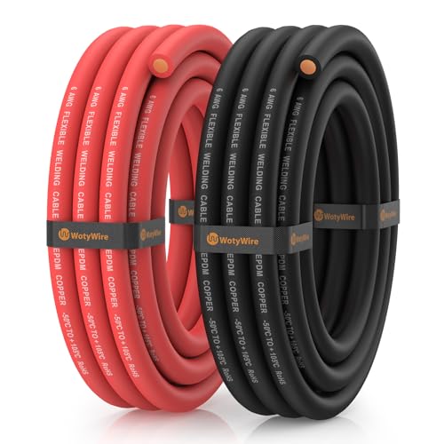 WotyWire 6 Gauge Wire Battery Cable 6 AWG EPDM Welding Cable with Oxygen-Free Copper Flexible/High Conductivity for Solar Automotive Battery Inverter RV Marine (10 ft Red + 10 ft Black)