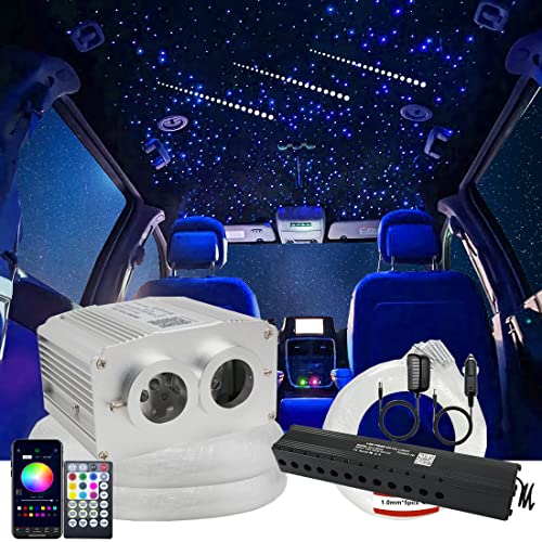 Image of AZIMOM Dual Port 16W Twinkle Bluetooth Fiber Optic Starlight Kit Mixed860pcs 13.1ft Strands +Meteor Shooting Star Sound Activated RGBW APP /Remote for Car Home Starlight Headliner Decor
