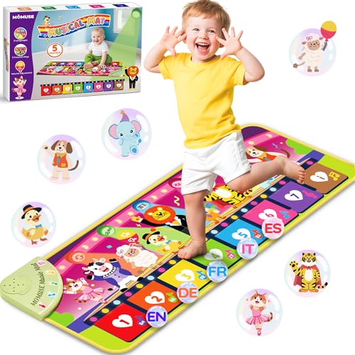 MOMUSE Tapete musical de 5 idiomas (ES/DE/FR/IT/EN), brinquedos para crianças de 1 ano, piano infantil multilingue, com 9 animais, portátil, leve, presente de festa / aniversário para bebé meninas