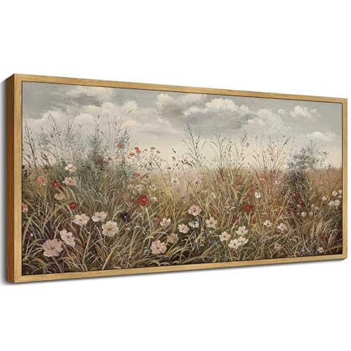 KUVIOKE Vintage Landscape Framed Wall Art 20x40in Large Meadow Wildflower