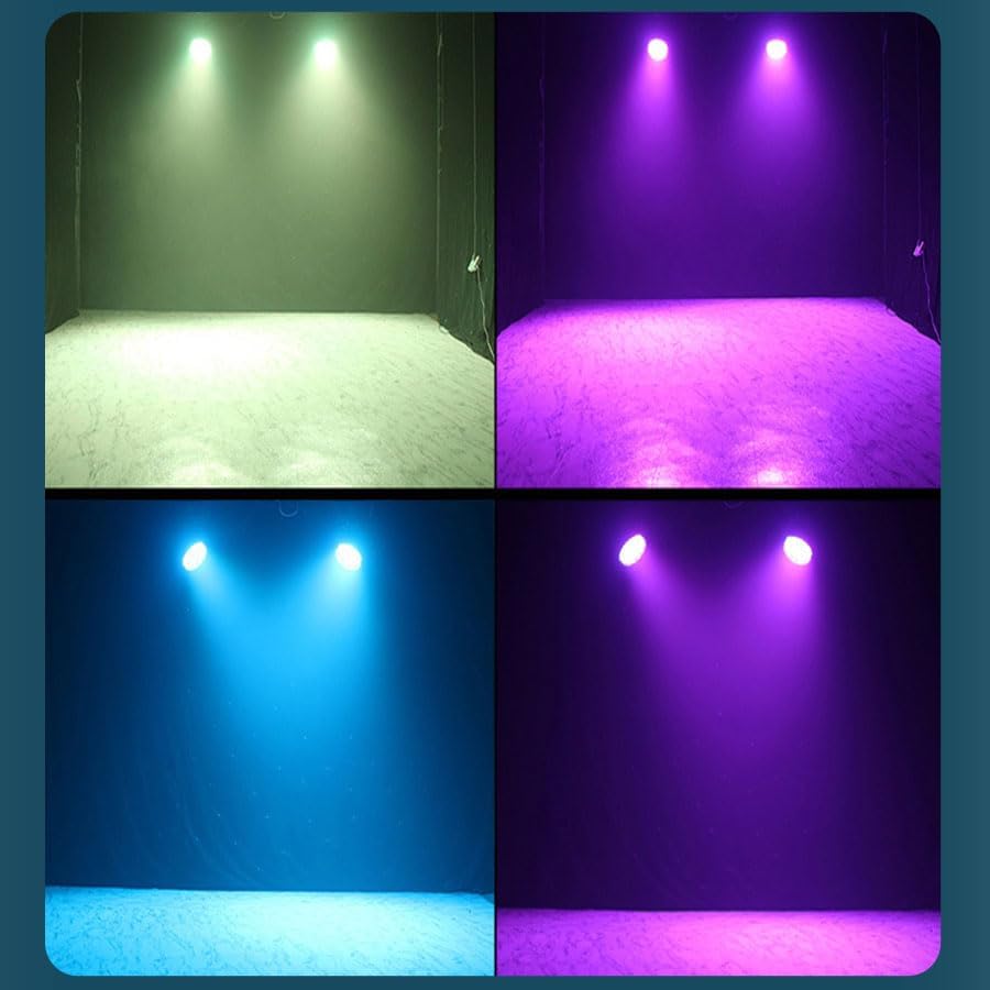 Four examples of light effects from the moving head light: white, purple, light blue, and dark purple beams on a floor.