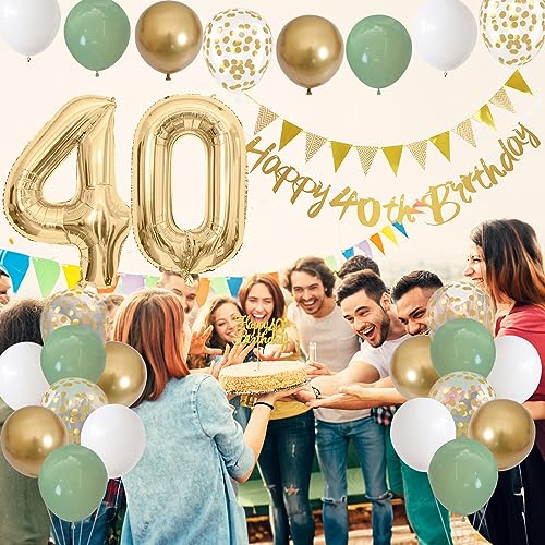 Image of 40th Birthday Decorations for Women, Sage Green White Gold 1986 Happy 40th Birthday Decorations, 40 Years Old Decoration Include Banner Garland Balloon Cake Topper Decor