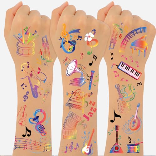 Konsait 10 Sheets Colorful Music Temporary Tattoos, Musical Party Favors Fake Tattoos Music Note Melody Birthday Party Favors Tattoo for Concerts Raves