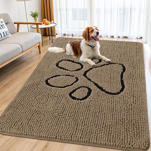 Image of Smiry Dog Door Mat for Muddy Paws, Absorbent Dirt Trapper Non Slip Quick Dry Washable Chenille Mat for Mud Dogs, Entry Rug for Indoor and Outdoor (70x35 Inches, Camel and Black)