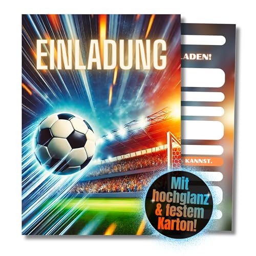 HIDEBLOOM Fußball Einladungskarten Kindergeburtstag Junge - 12 Stück - DIN A6 (10,5 cm x 14,8 cm) - Einladung Geburtstag - Geburtstagseinladungen Jungen - Fussball