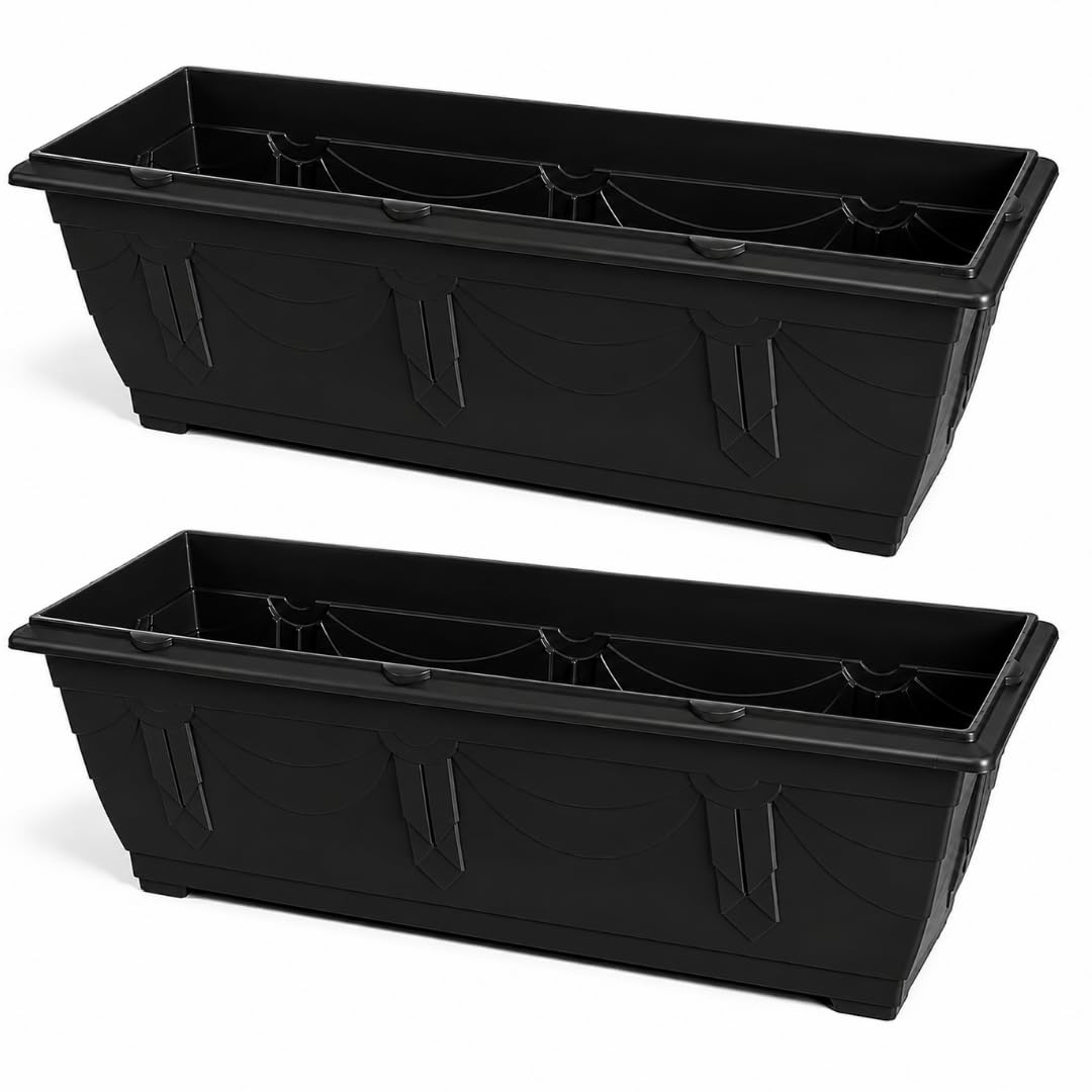 VR7 60cm Long Window Box Planter with Tray Plastic Trough Planter - Outdoor Venetian Window Planter for Balconies & Gardens - Weatherproof & Frost Resistant (2 Pack) — image 1