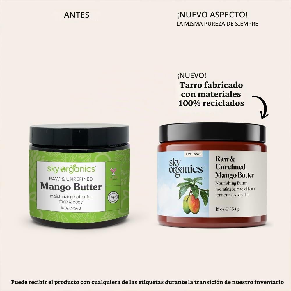Sky Organics | Manteca de mango para cuerpo y rostro | 100% sin procesar y sin refinar | Para hidratar, equilibrar y unificar el tono | 454 g