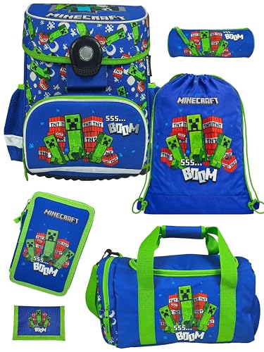 Familando - Schulranzen Set 6-teilig mit Federmappe - Minecraft - Ergonomisch, stabil & mit gepolstertem Rücken - 1250g leicht - 18L Volumen - Mit Reflektoren - Für Grundschule ab 1. Klasse