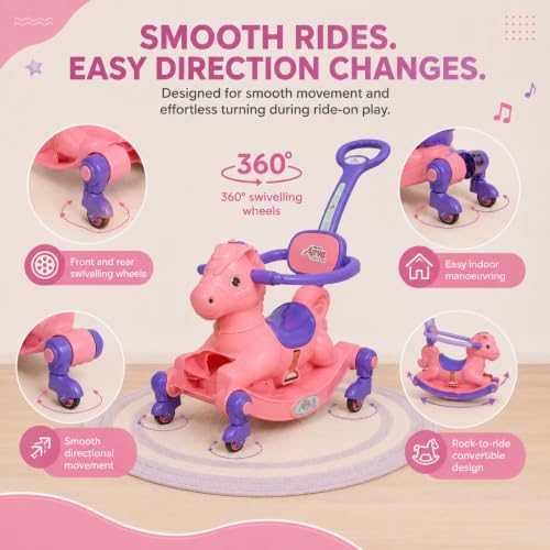 Image of 3 in 1 Baby Horse Rider for Kids 1-5 Years with Parent Handle, Rocking Horse, Ride On Toy, 360 Safety Guard, Music, Swivel Wheels, Backrest, Baby Ride On for Boys & Girls (Pink)