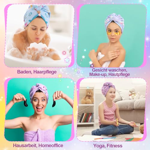 Xialvyu 3 Stück Kinder Haarturban Mikrofaser Handtuch mit Knopf Cartoon Turban Handtuch Schnelltrocknend Einhorn Meerjungfrau Herz Motiv geeignet für Mädchen und Damen