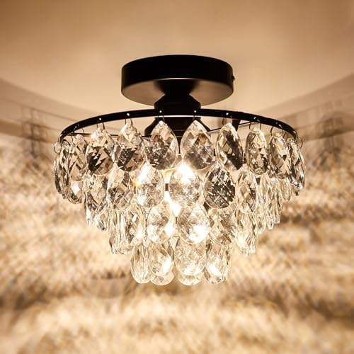 YYJLX Modern Small Crystal Ceiling Light Fixture Mini Black Semi Flush Mount Chandelier Light Fixture for Hallway Bedroom Bathroom Closet e26