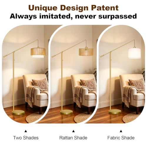 Image of 【Upgraded】Boho Dimmable Floor Lamps with Adjustable Swing Arm, 1100 Lumens Bulb Included, Modern Standing Lamp with Rattan & Fabric Shades, Farmhouse Tall Arc Floor Lamp for Living Room Bedroom, Gold