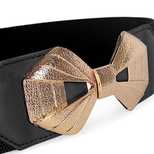 BlackButterfly Wide Elastic Cinch Stretch Waistband Retro Gold Bow Buckle Waist Belt3
