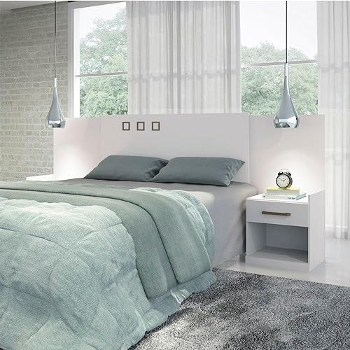 Cabeceira Casal Santos Andirá Havana Extensível Compatível Com Cama Queen (158cm de Largura) e Cama de Casal (138cm de Largura) Com Mesa de Cabeceira - Branco