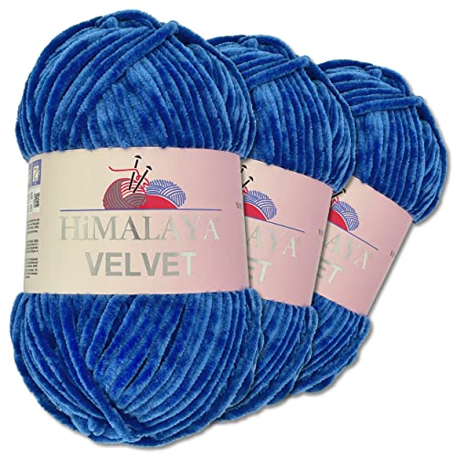 Wohnkult Himalaya - Velvet Dolphin - Lot de 3 pelotes de 100 g de laine - 40 couleurs au choix - Fil chenille à tricoter - Pelucheux et brillant - Pour accessoire, vêtement et couverture - 90029, Bleu