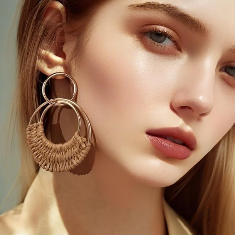 Image of 4 Pairs Handmade Raffia Rattan Bohemian Round Drop Dangle Earrings for Women, Boho Statement Cute Fun Hoop Earrings Set