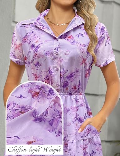 Image of Kranda Women 2026 Summer Collared V Neck Short Sleeve Button Down Chiffon Long Tiered Floral Maxi Dress with Pockets