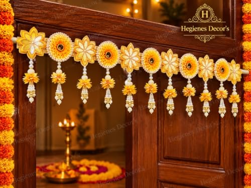 Image of Hegienes Decor's Yellow Flower Toran for Door Entrance, 38.5 Inch Decorative Bandarwal with Pearl Beads and Hanging Latkan, Handmade Floral Door Hanging for Home, Mandir, Pooja, Decoration