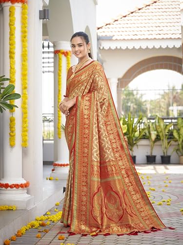 Image of MANOHARI Women's Trendy Banarasi Woven Saree with Heavy Jacquard Work, Elegant Design, Silk Saree with Maching Lace Border Unstitched Blouse Piece for Weddings & Festive Occasions