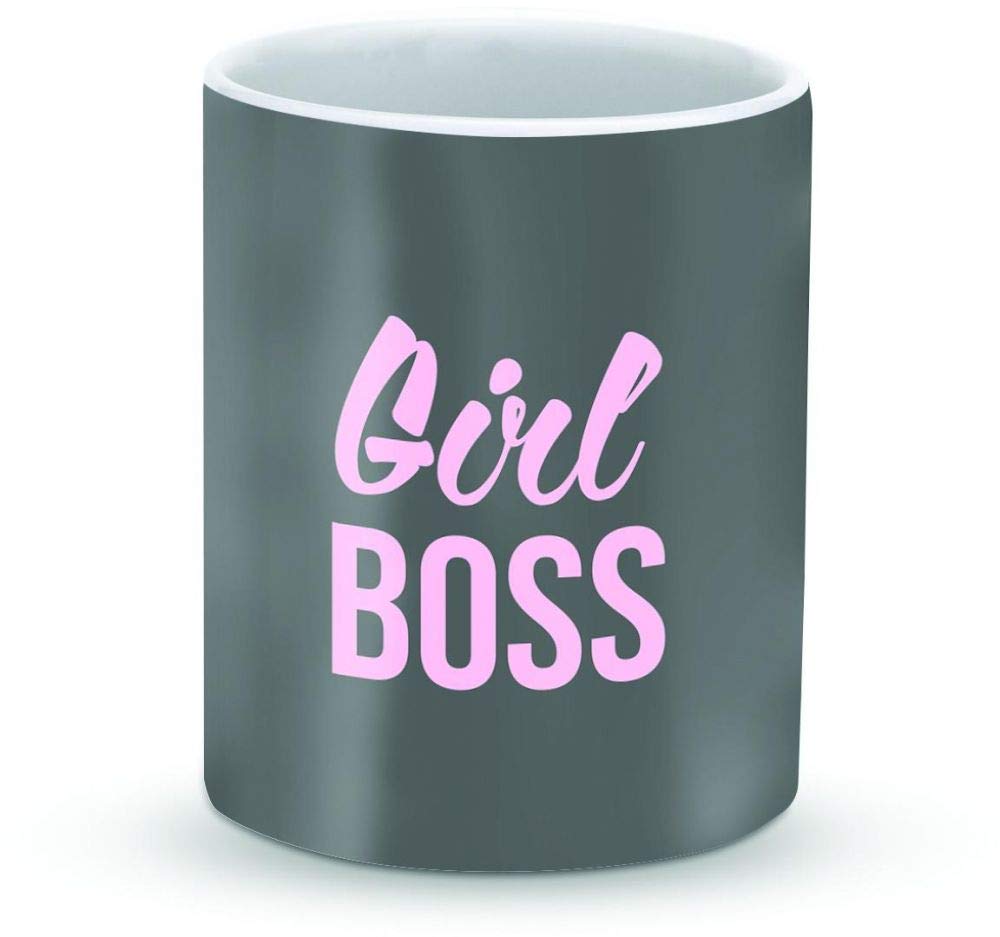 StylizeddDesigner Printed Coffee Mug with Heavy Duty Handle 11oz Ceramic Personalised Gift Mugs Cup [Microwave Safe & Dishwasher Proof ] - Girl Boss (Grey)