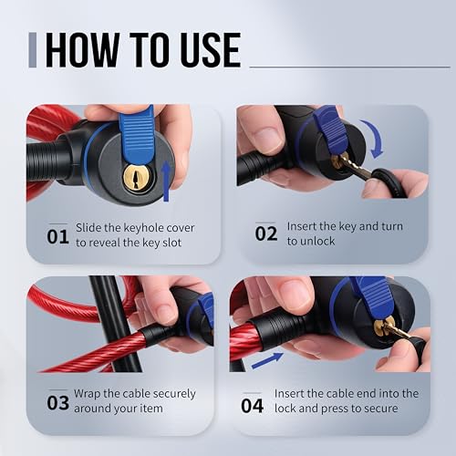 Image of Robustt Braided Steel Cable Lock with Keys - 0.65m Long (Pack of 2), 10mm Thick PVC Coated Cut-Resistant Cable | Dust Cover Key Slot | Extra Key Included | Anti-Theft Cable Lock-Red